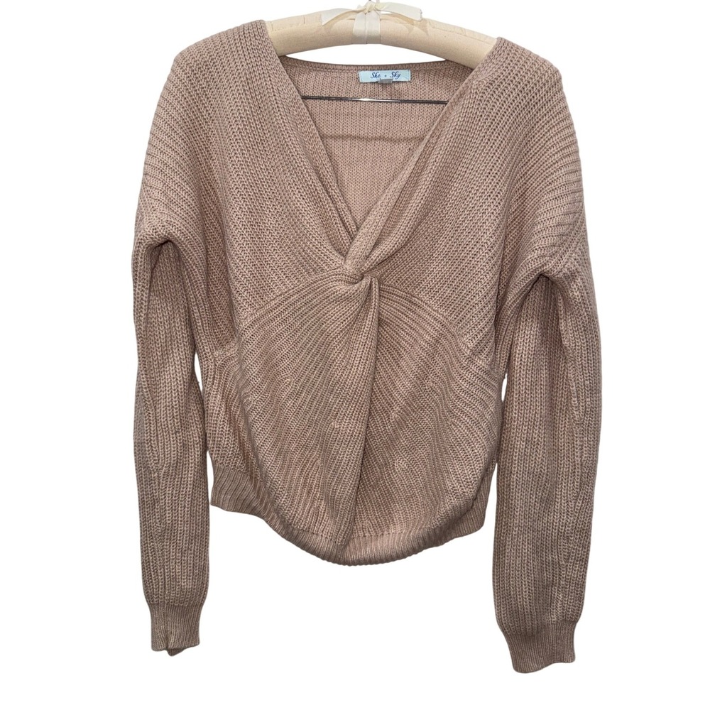 She Sky Knit Sweater Twist‎ Front V Neck Long Sleeve Beige Women's Medium